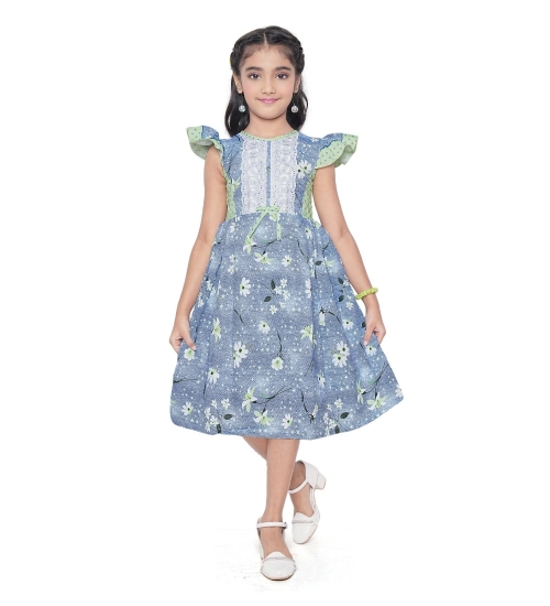 Girl's Twill Printed Short Sleeve Round Neck Dress (Green)