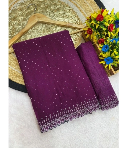 Women's Georgette Stone Work Saree With Unstitched Blouse 5.5Mtr (Purple)