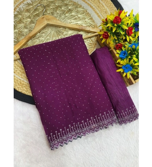 Women's Georgette Stone Work Saree With Unstitched Blouse 5.5Mtr (Purple)