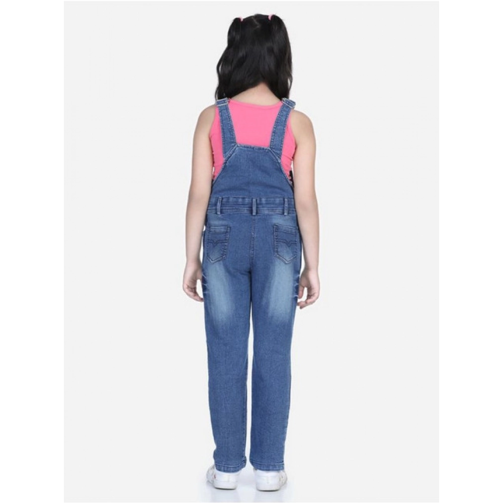 Girl's Denim Washed Buttoned Dungaree (Blue)