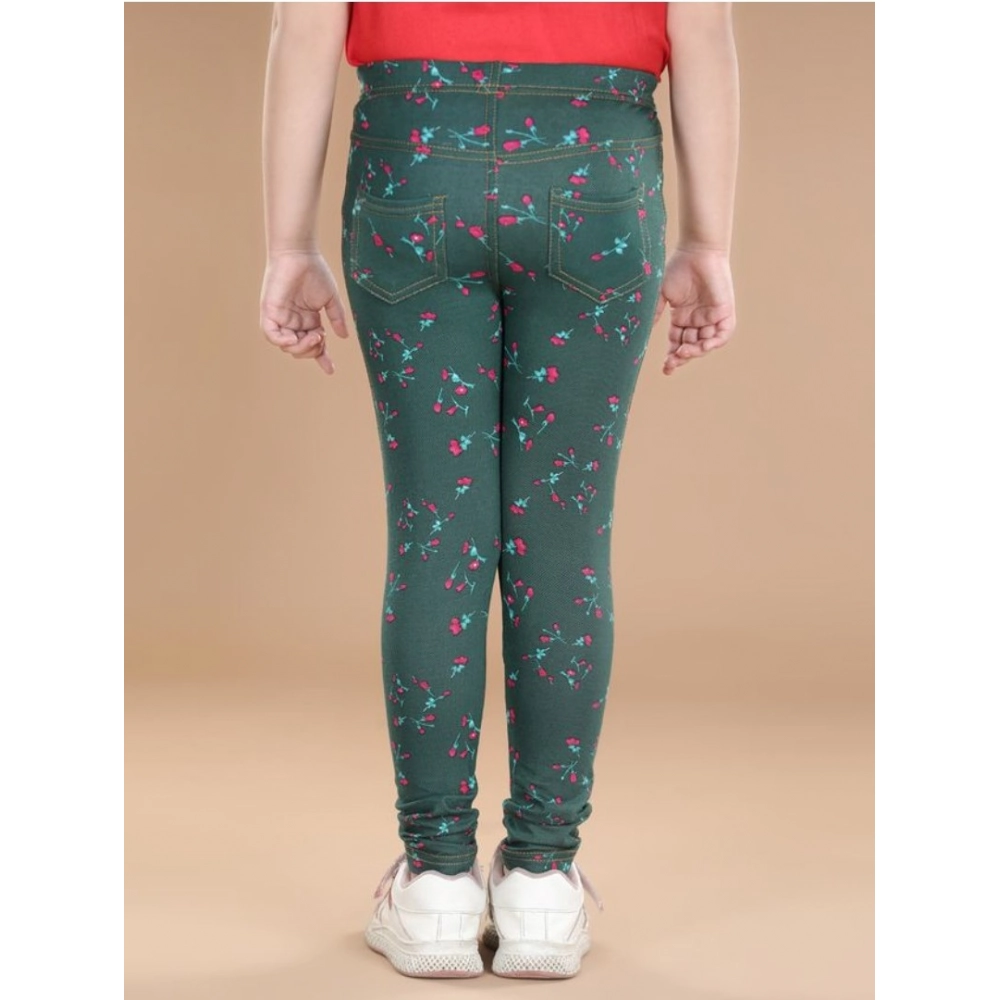 Girl's Cotton Lycra Floral Elasticated Jeggings (Bottle Green) Girl's Cotton Lycra Floral Elasticated Jeggings (Bottle Green)