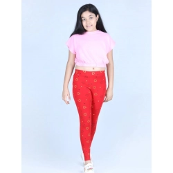 Girl's Cotton Lycra Printed Elasticated Leggings (Red)