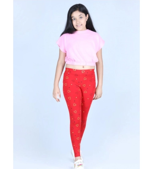 Girl's Cotton Lycra Printed Elasticated Leggings (Red)
