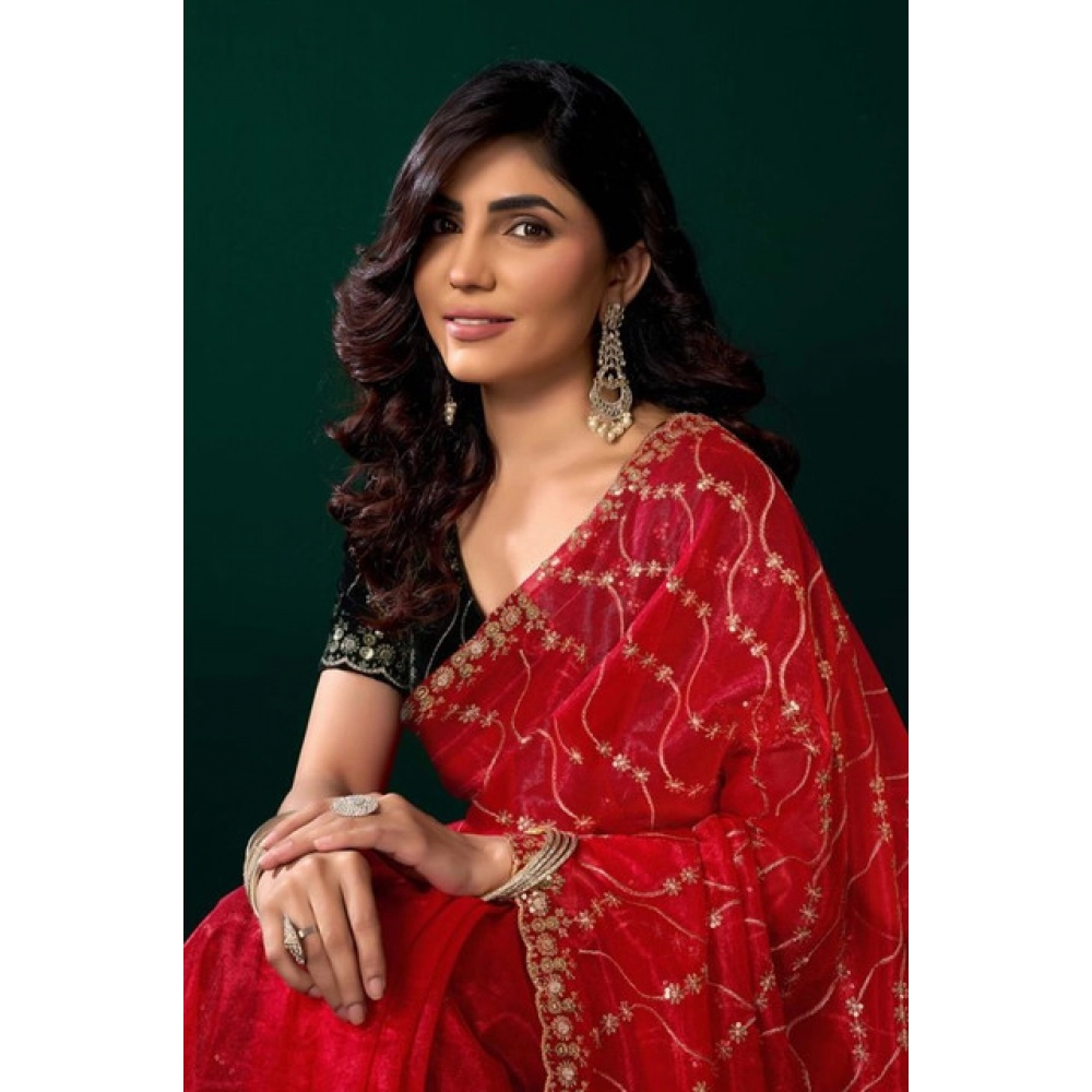 Women's Net Sequence Saree With Unstitched Blouse 5.5Mtr (Red) Women's Net Sequence Saree With Unstitched Blouse 5.5Mtr (Red)
