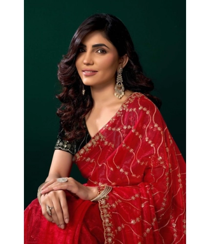 Women's Net Sequence Saree With Unstitched Blouse 5.5Mtr (Red)