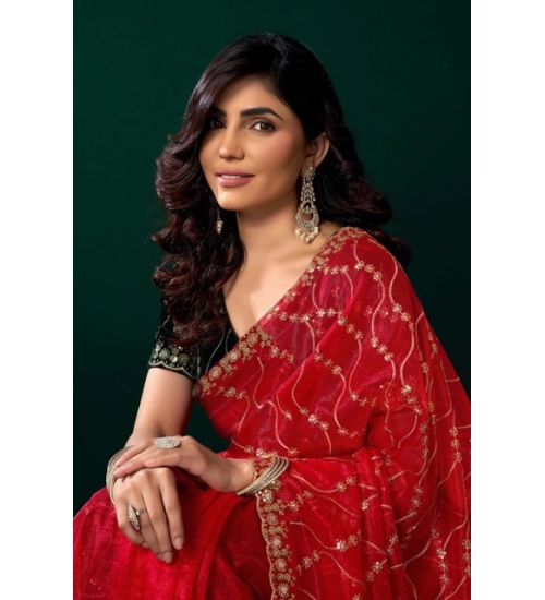 Women's Net Sequence Saree With Unstitched Blouse 5.5Mtr (Red)