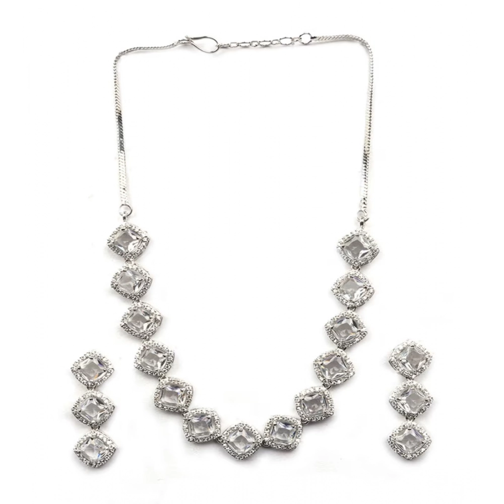 Women's Brass Silver Plated Necklace set (White)