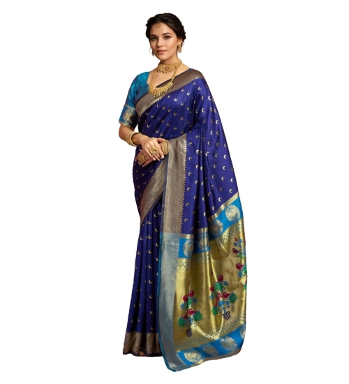 Women's Silk Blend Zari Woven Saree With Unstitched Blouse 5.5Mtr (Navy)