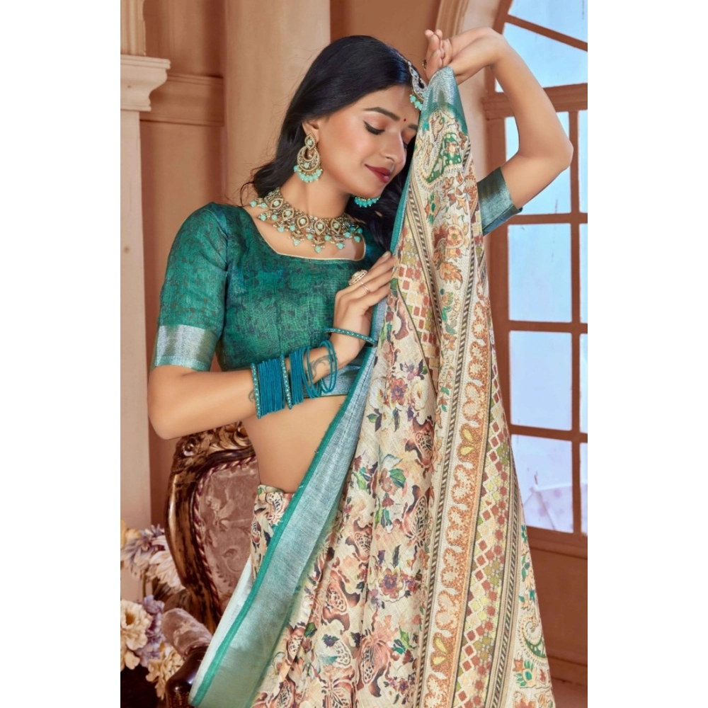 Women's Printed Cotton Linen Saree withPrinted Saree With Unstitched Blouse (Green, 5-6Mtrs) Women's Printed Cotton Linen Saree withPrinted Saree With Unstitched Blouse (Green, 5-6Mtrs)