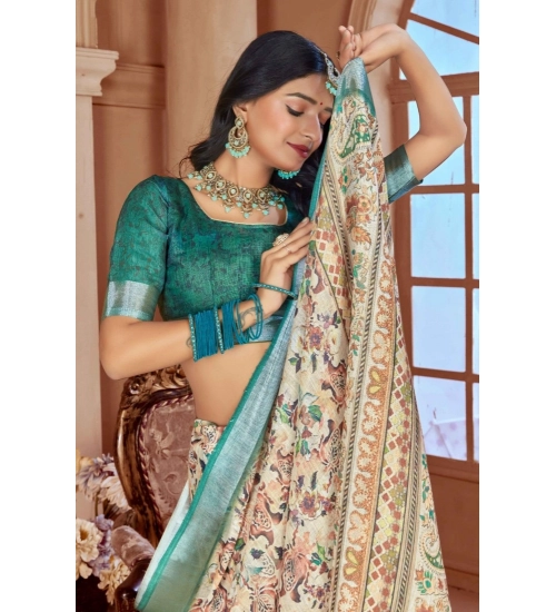 Women's Printed Cotton Linen Saree withPrinted  Saree With Unstitched Blouse (Green, 5-6Mtrs)
