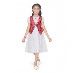 Girl's Heavy Chicken Printed Short Sleeve Round Neck Dress (White)