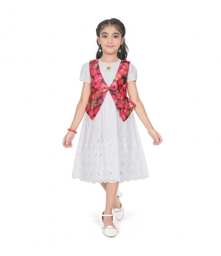 Girl's Heavy Chicken Printed Short Sleeve Round Neck Dress (White)