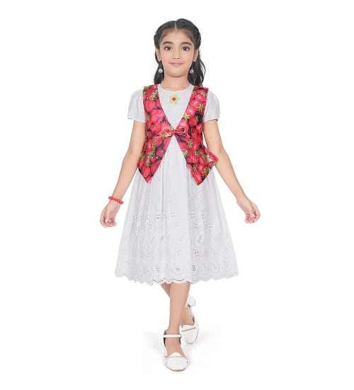 Girl's Heavy Chicken Printed Short Sleeve Round Neck Dress (White)