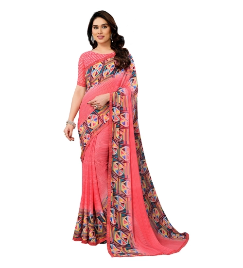 Women's Georgette Printed Saree With Unstitched Blouse 5.5Mtr (Pink)