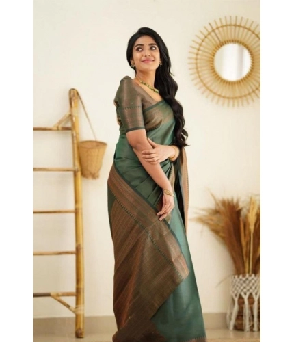 Women's Litchi silk Printed Saree With Unstitched Blouse (Green) Women's Litchi silk Printed Saree With Unstitched Blouse (Green)