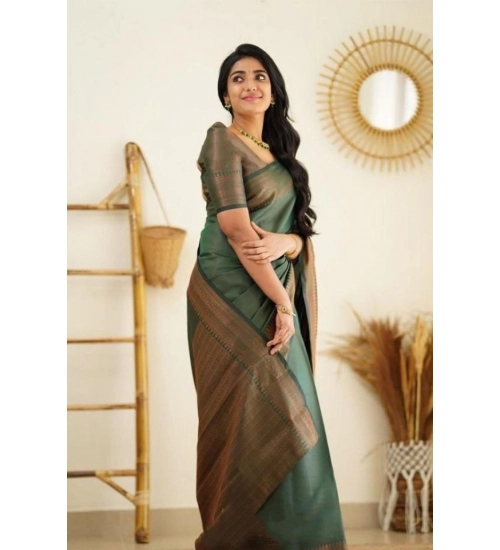 Women's Litchi silk Printed Saree With Unstitched Blouse (Green)