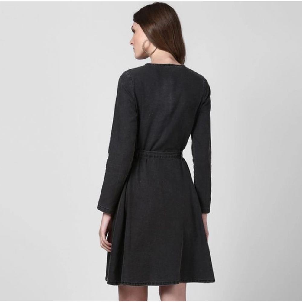 Women's Denim Washed Long Sleeves Dress (Black)