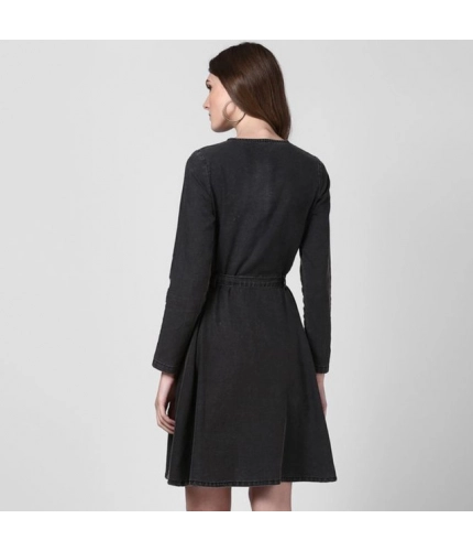 Women's Denim Washed Long Sleeves Dress (Black)