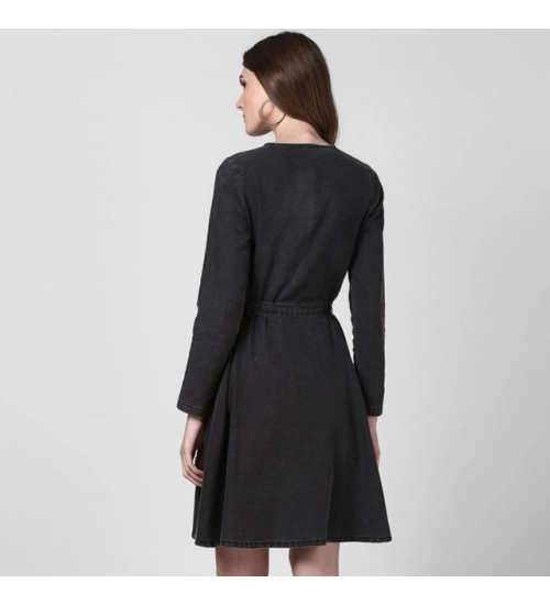 Women's Denim Washed Long Sleeves Dress (Black) Women's Denim Washed Long Sleeves Dress (Black)