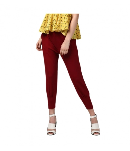 Women's Polyester Solid Elasticated Trousers (Maroon)