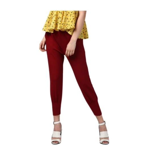 Women's Polyester Solid Elasticated Trousers (Maroon)
