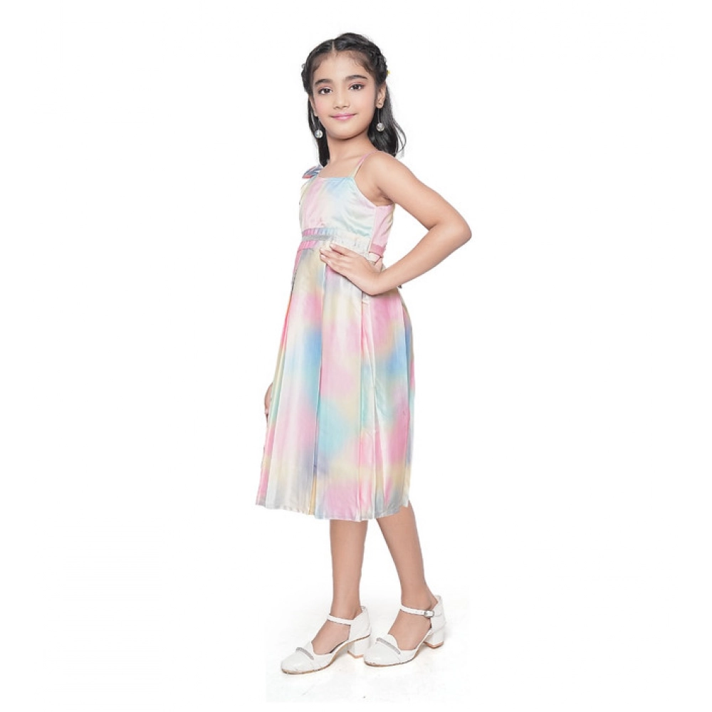 Girl's Satin Soild Sleeve Less Designer Neck Dress (Multicolor)