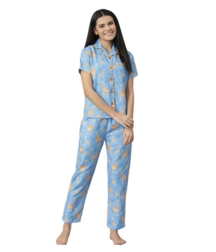 Women's Cotton Blend Printed Short Sleeve Night Suit (Blue)