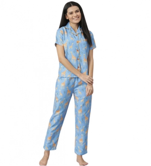 Women's Cotton Blend Printed Short Sleeve Night Suit (Blue)