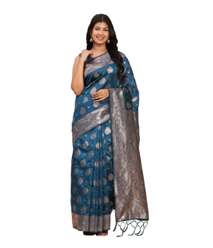 Women's Banarasi Silk Printed Saree With Unstitched Blouse 5.5Mtr (Teal Blue)
