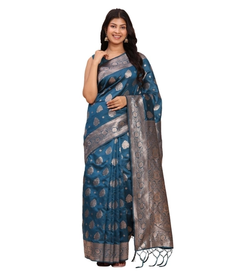 Women's Banarasi Silk Printed Saree With Unstitched Blouse 5.5Mtr (Teal Blue)