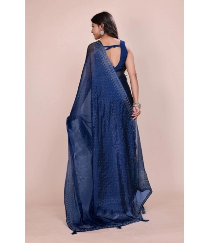 Women's Jimmy choo Embellished Bollywood Saree With Unstitched Blouse 5.5Mtr (Blue)