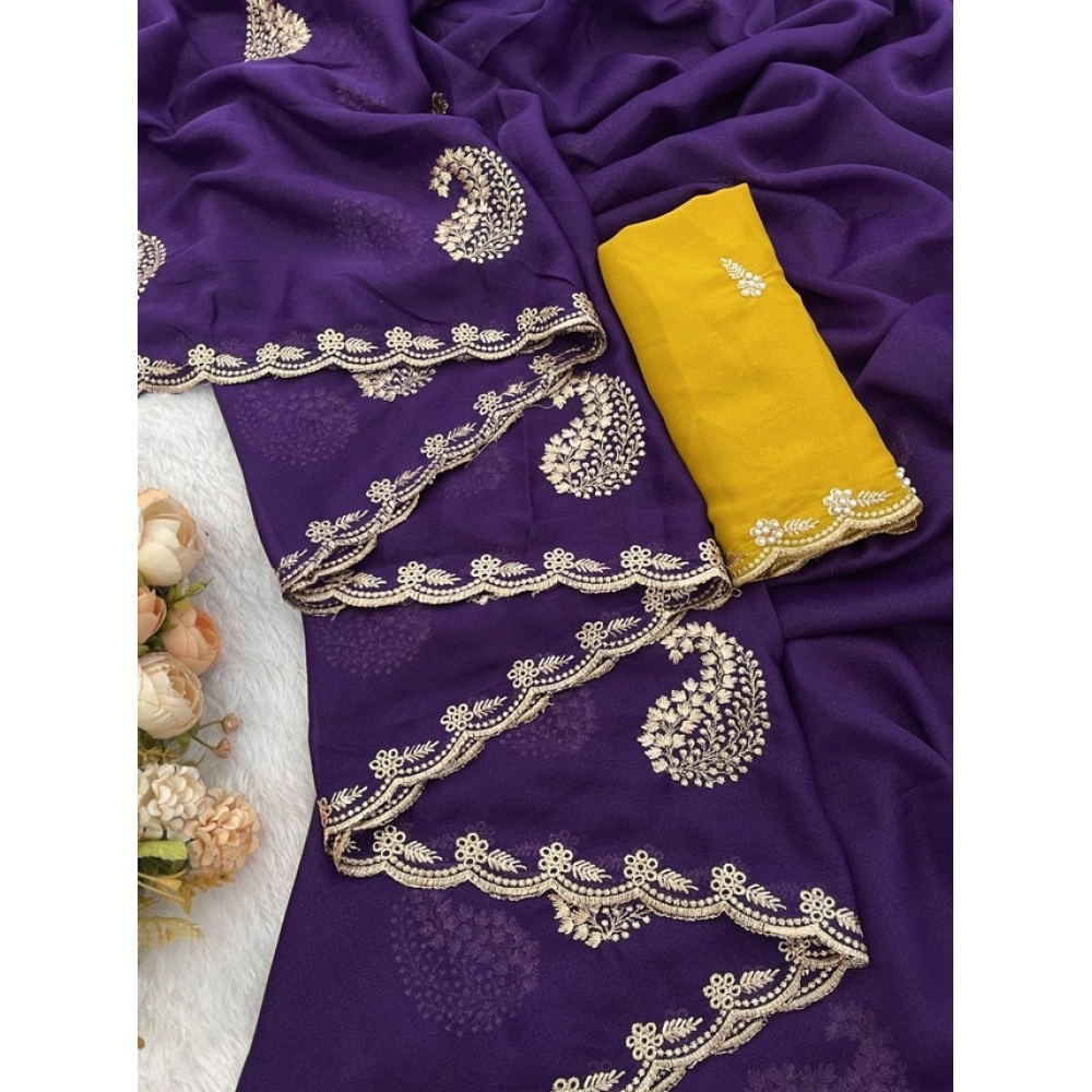 Women's Digital Printed  Georgette Saree With Unstitched Blouse (Purple, 5-6 Mtrs)