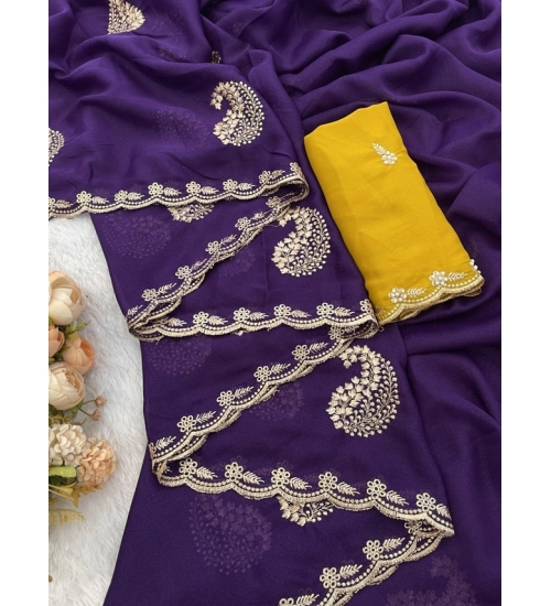 Women's Digital Printed  Georgette Saree With Unstitched Blouse (Purple, 5-6 Mtrs)