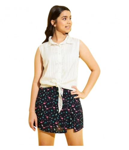 Girl's Polyester Lurex Printed Sleeveless Top Set (White-Navy)
