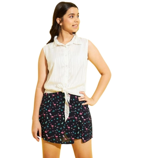 Girl's Polyester Lurex Printed Sleeveless Top Set (White-Navy)