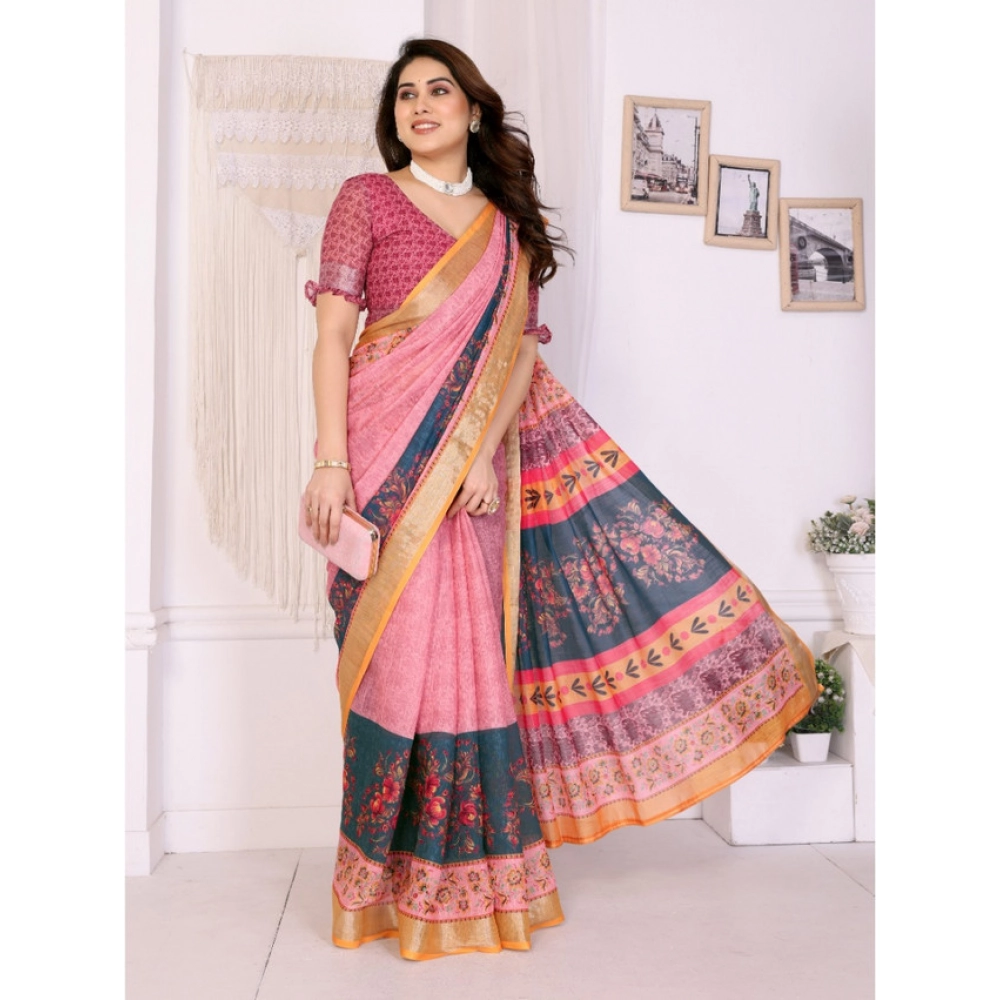Women's Linen Cotton Printed Saree With Unstitched Blouse 5.5Mtr (Pink) Women's Linen Cotton Printed Saree With Unstitched Blouse 5.5Mtr (Pink)