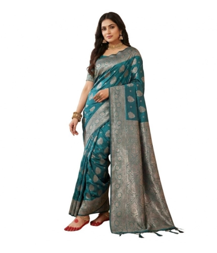 Women's Silk Blend Printed Saree With Unstitched Blouse 5.5Mtr (Sea Green)