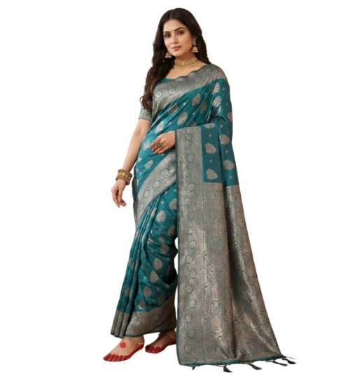 Women's Silk Blend Printed Saree With Unstitched Blouse 5.5Mtr (Sea Green)
