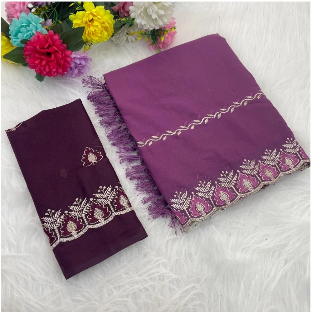 Women's Georgette Embroidered Saree With Unstitched Blouse 5.5Mtr (Purple)