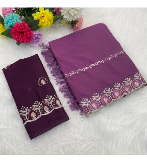 Women's Georgette Embroidered Saree With Unstitched Blouse 5.5Mtr (Purple)