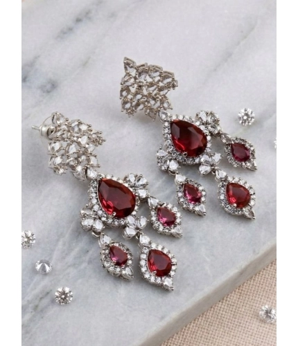 Women's Brass Silver Plated Drop Earrings (Red)