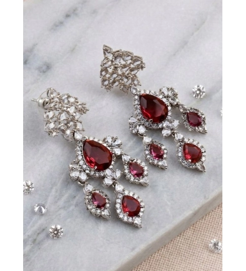 Women's Brass Silver Plated Drop Earrings (Red)