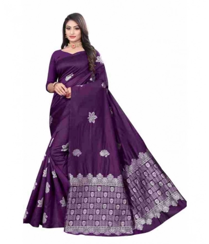 Women's Soft Lichi Silk Printed Saree With Unstitched Blouse 5.5Mtr (Purple)