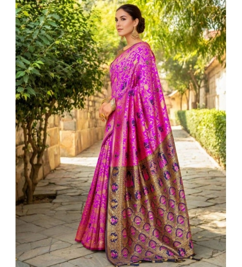 Women's Silk Blend Woven Paithani Saree With Unstitched Blouse 5.5Mtr (Pink)