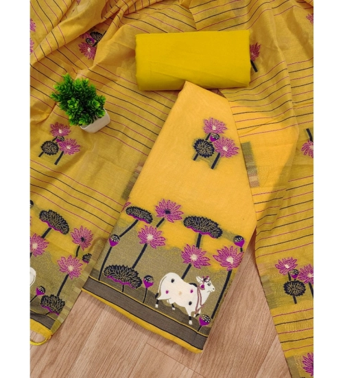 Women's Banarasi Silk Printed Unstitched Salwar Suit Material With Dupatta (Yellow, 3Mtrs)