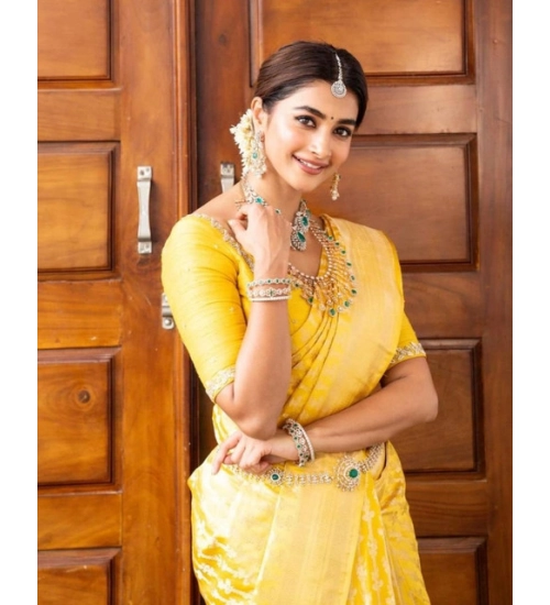 Women's Soft Lichi Silk Printed Saree With Unstitched Blouse 5.5Mtr (Yellow)