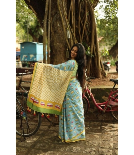 Women's Linen Printed Saree With Unstitched Blouse 5.5Mtr (Blue)