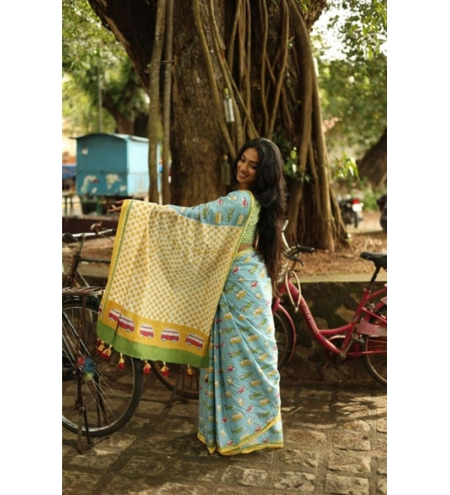 Women's Linen Printed Saree With Unstitched Blouse 5.5Mtr (Blue) Women's Linen Printed Saree With Unstitched Blouse 5.5Mtr (Blue)