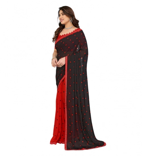 Women's Georgette Printed Saree With Unstitched Blouse 5.5Mtr (Black-Red)