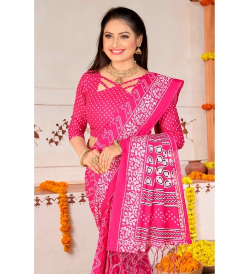 Women's Soft Pure Cotton Printed Saree With Unstitched Blouse 5.5Mtr (Pink)